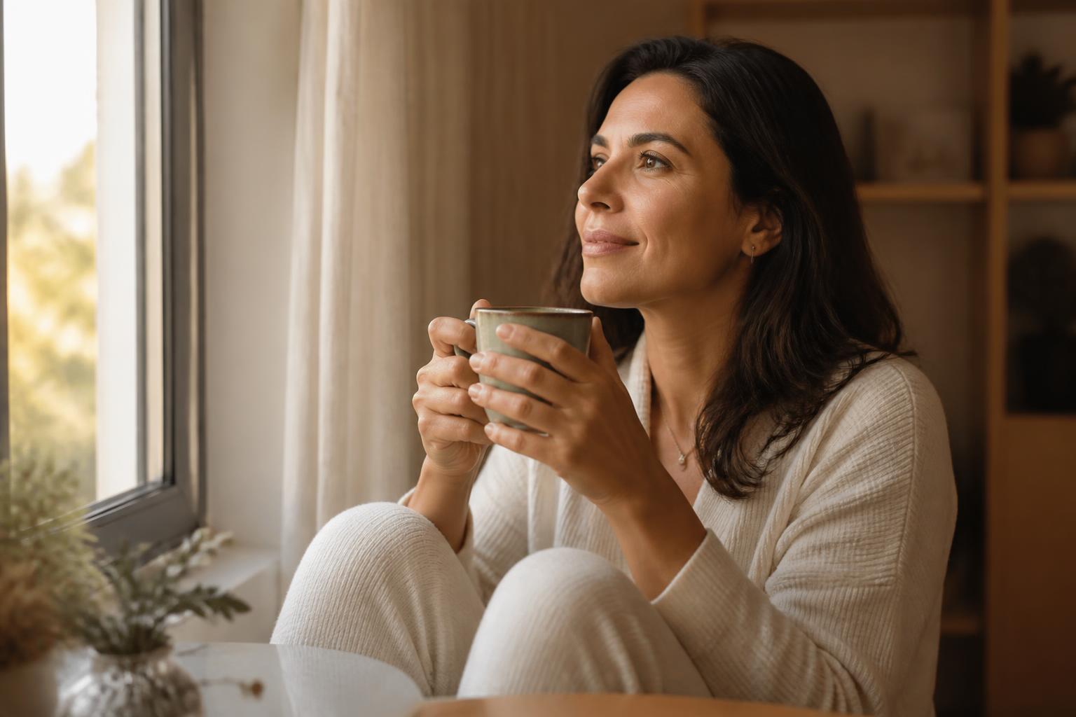 Mulher de aproximadamente 38 anos reservando um momento tranquilo para si